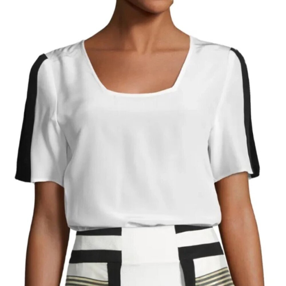 Zeus + Dione Arum Silk Blouse Split Sleeve Ivory Black Square Neck New Size 40